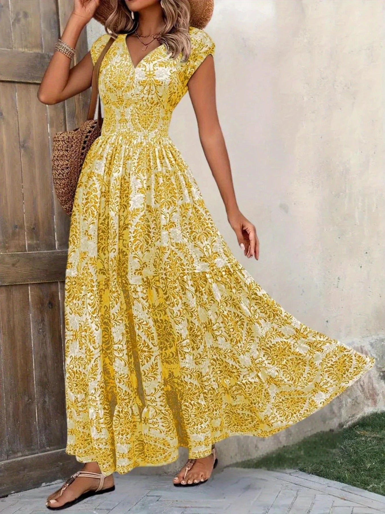 Printed Cap Sleeve Maxi Dress 