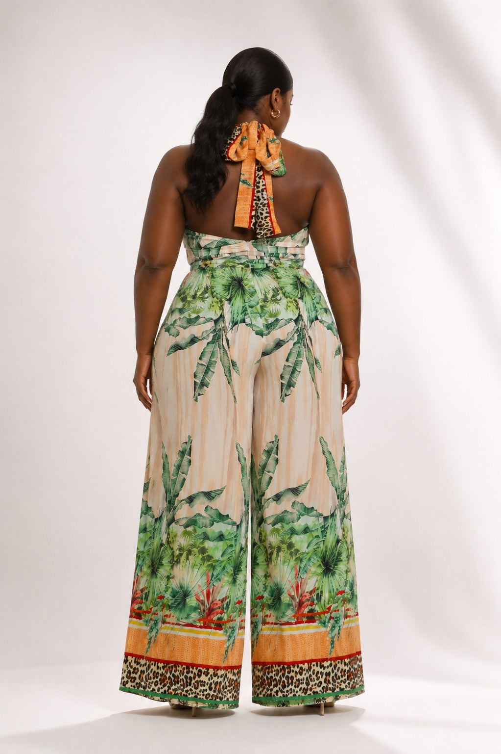 Curvy Halter Neck Tropical Print Jumpsuit
