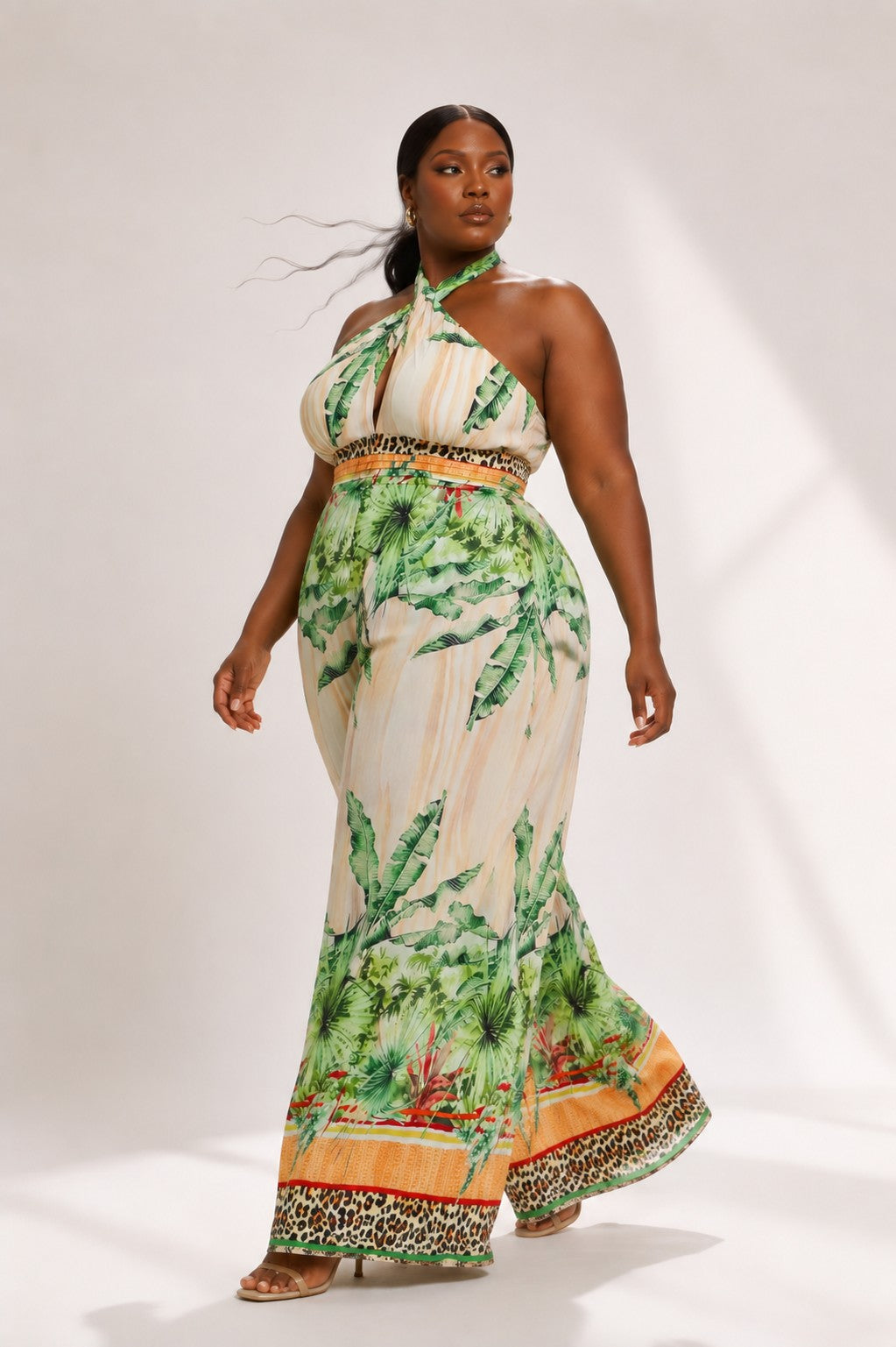 Curvy Halter Neck Tropical Print Jumpsuit