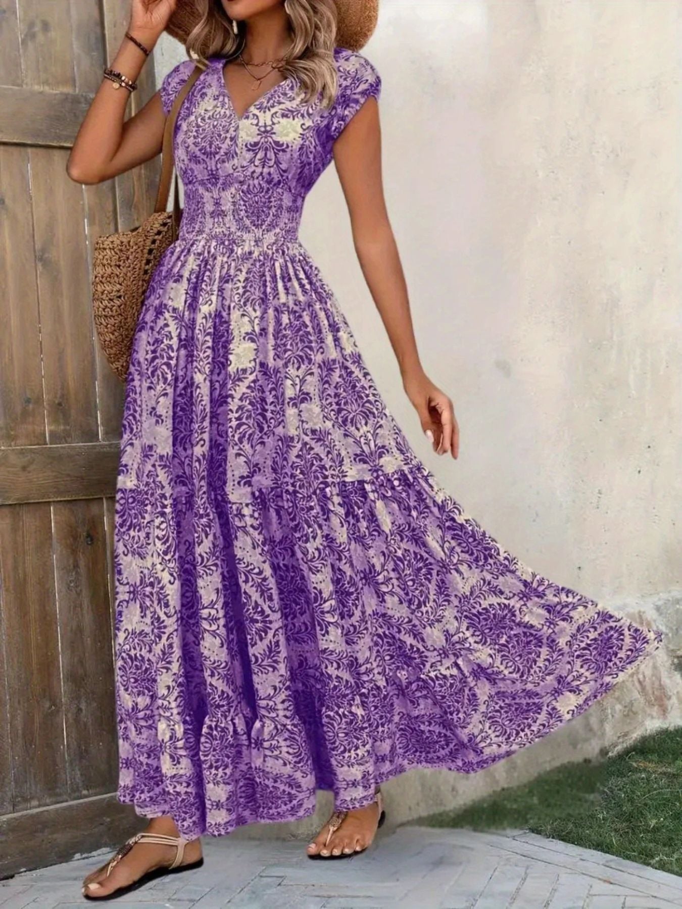 Printed Cap Sleeve Maxi Dress 