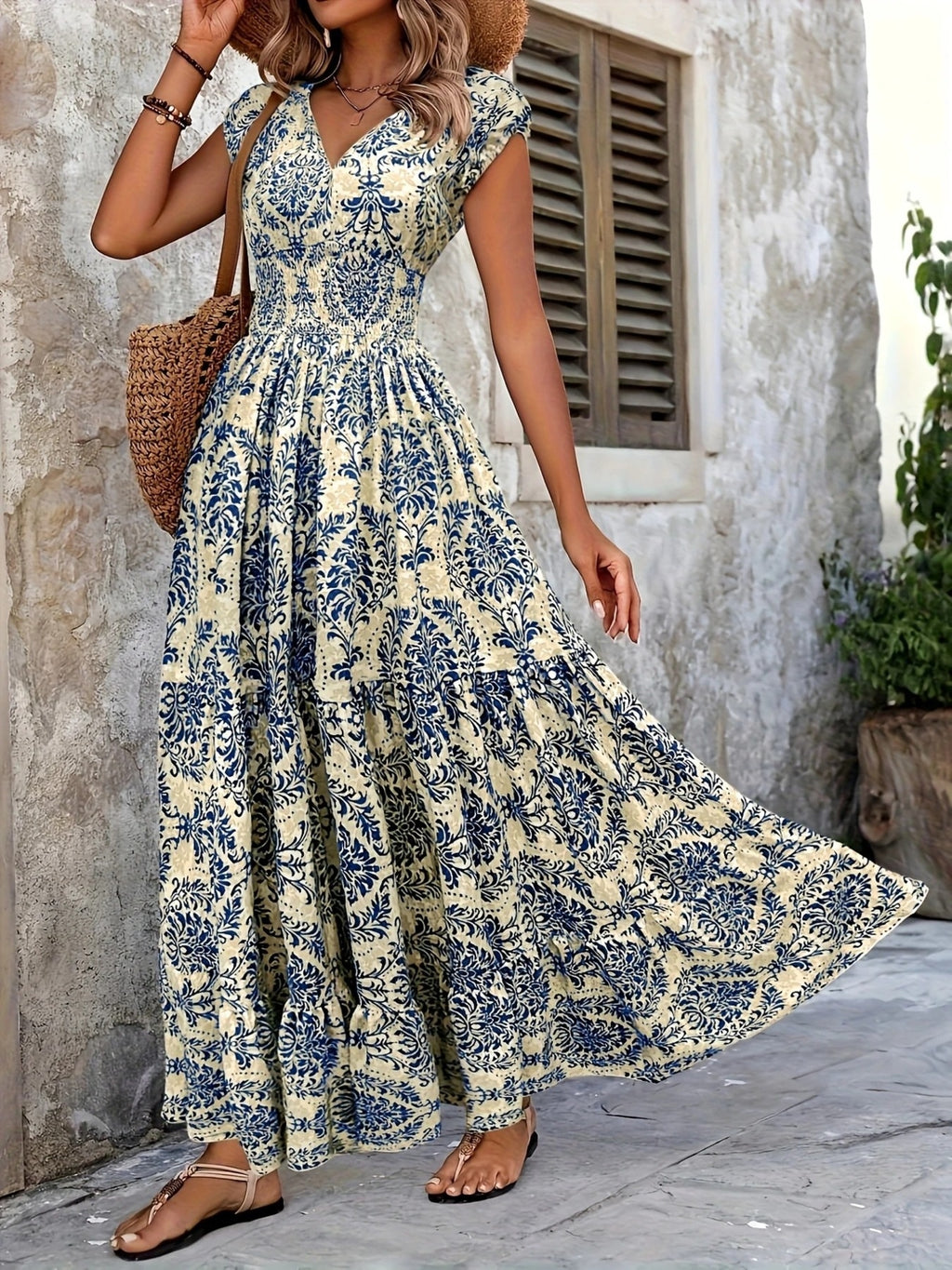 Printed Cap Sleeve Maxi Dress 