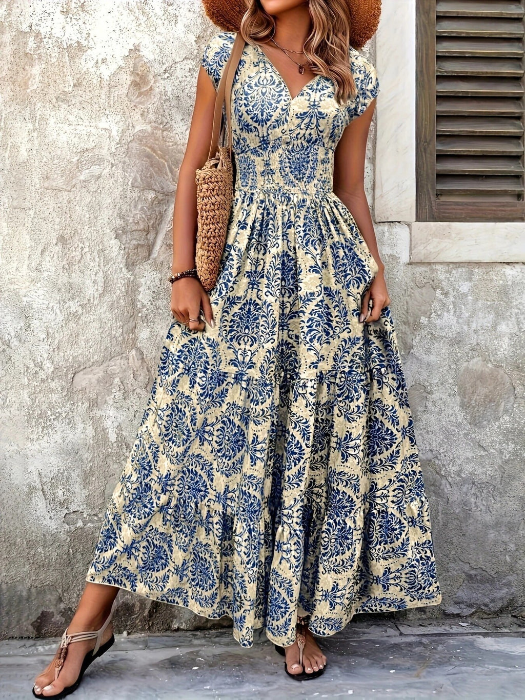 Printed Cap Sleeve Maxi Dress 