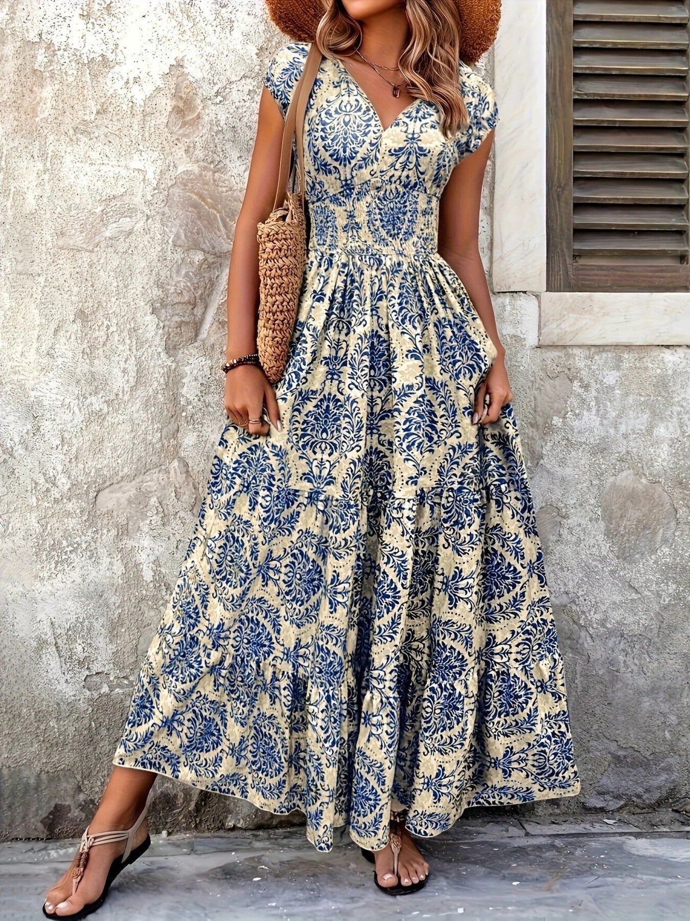 Printed Cap Sleeve Maxi Dress 