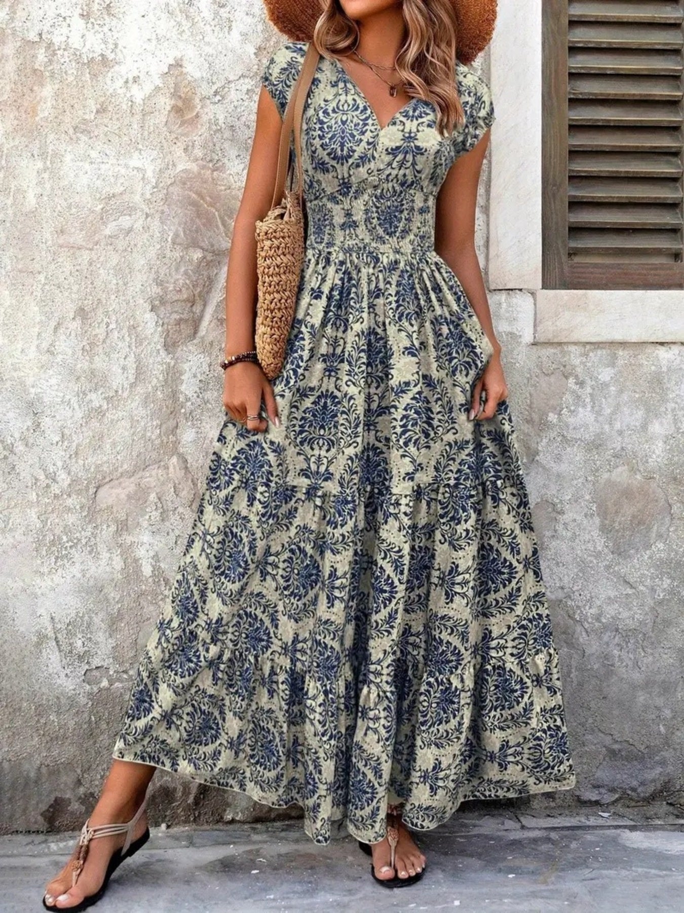 Printed Cap Sleeve Maxi Dress 