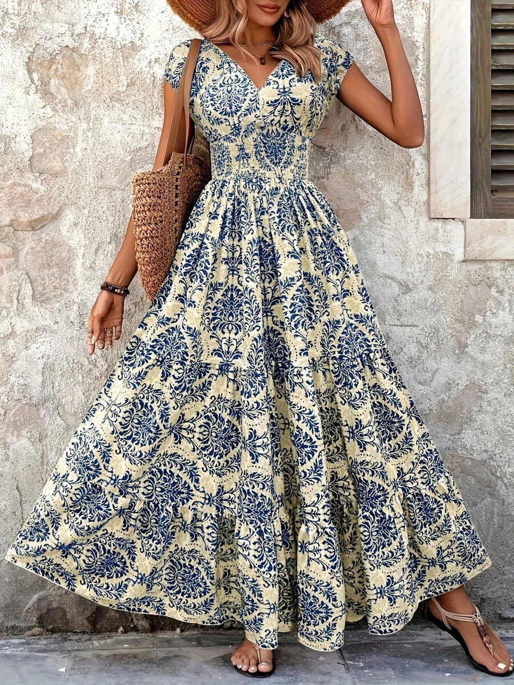 Printed Cap Sleeve Maxi Dress 