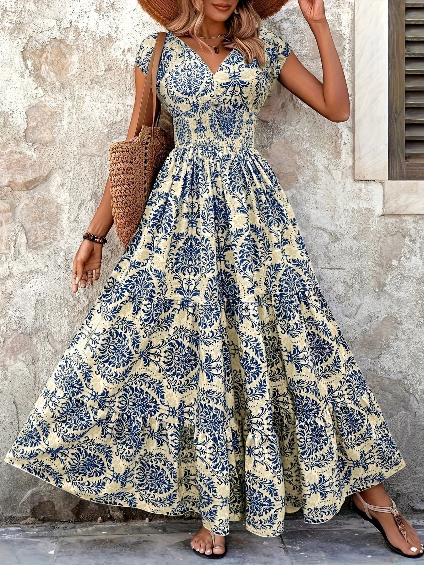 Printed Cap Sleeve Maxi Dress 