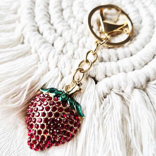 Cute Metal Rhinestone Detailed Strawberry Keychain