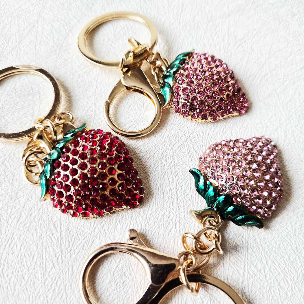 Cute Metal Rhinestone Detailed Strawberry Keychain
