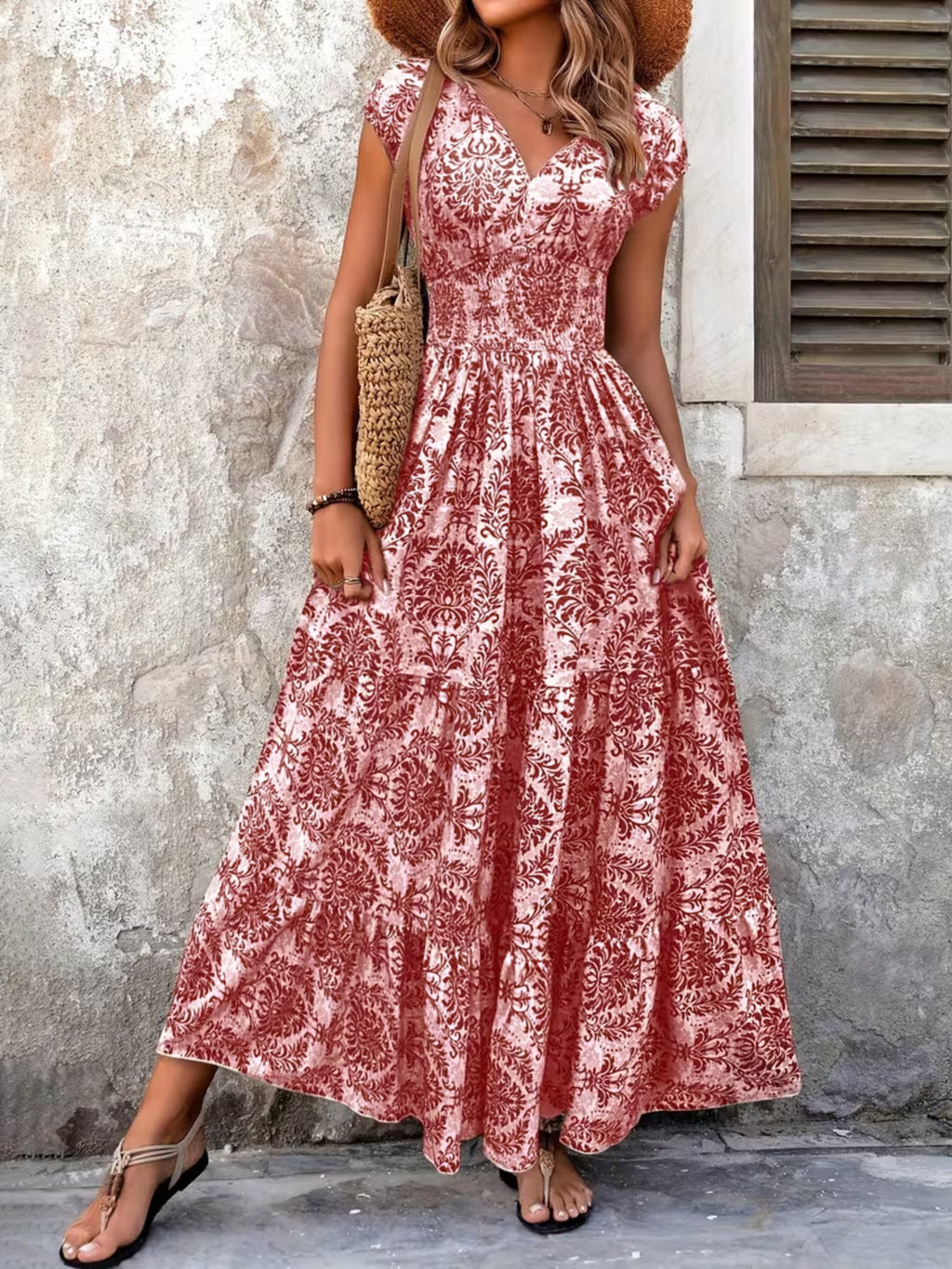 Printed Cap Sleeve Maxi Dress 