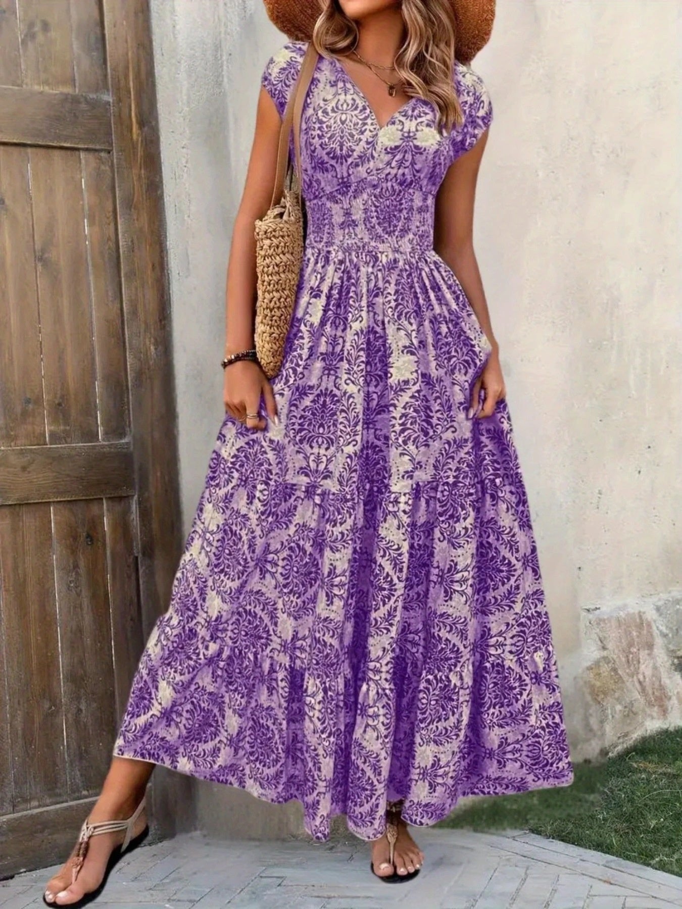 Printed Cap Sleeve Maxi Dress 