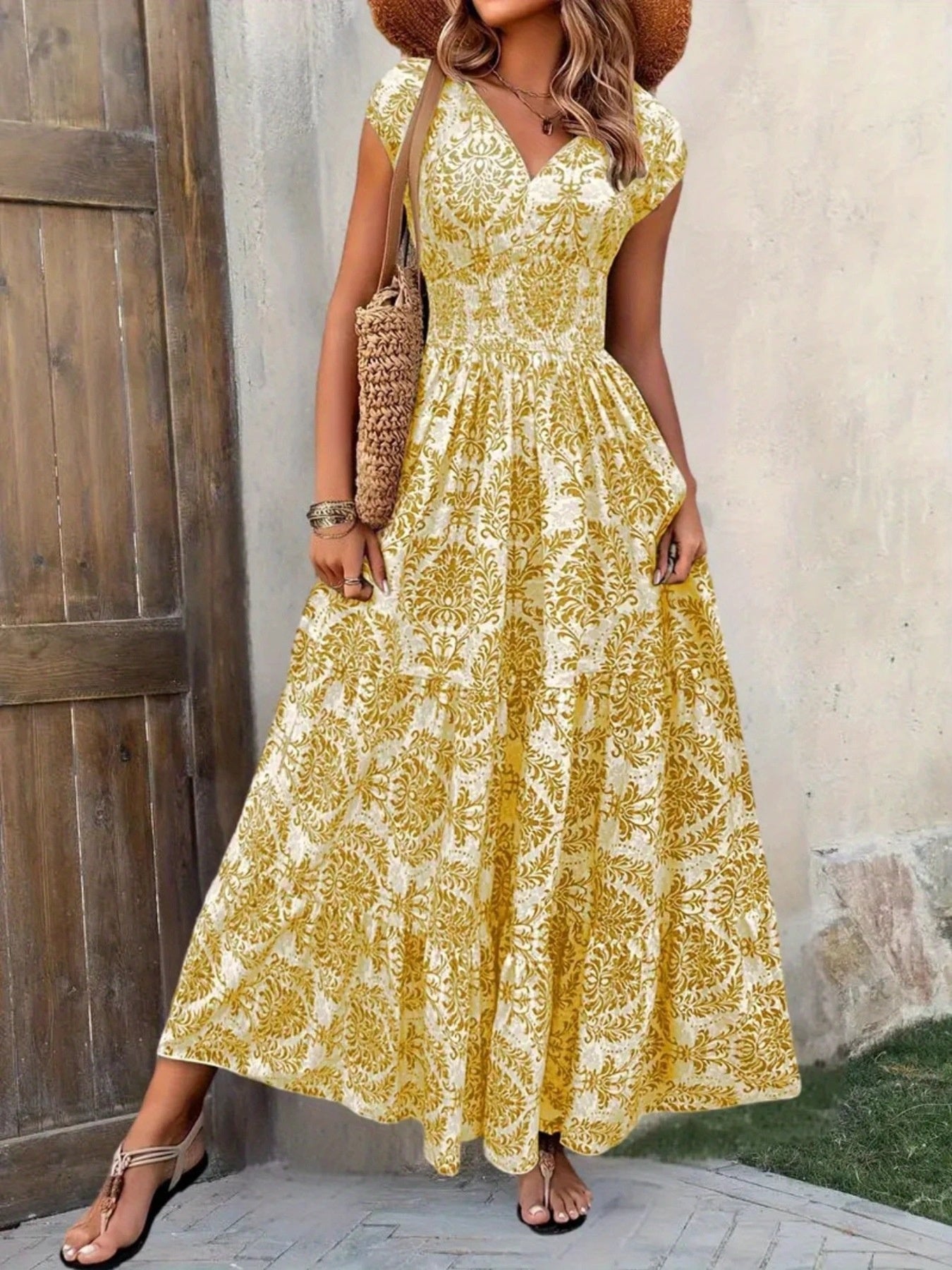Printed Cap Sleeve Maxi Dress 