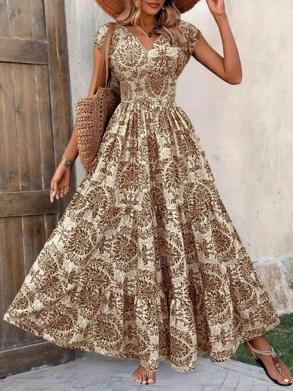 Printed Cap Sleeve Maxi Dress 