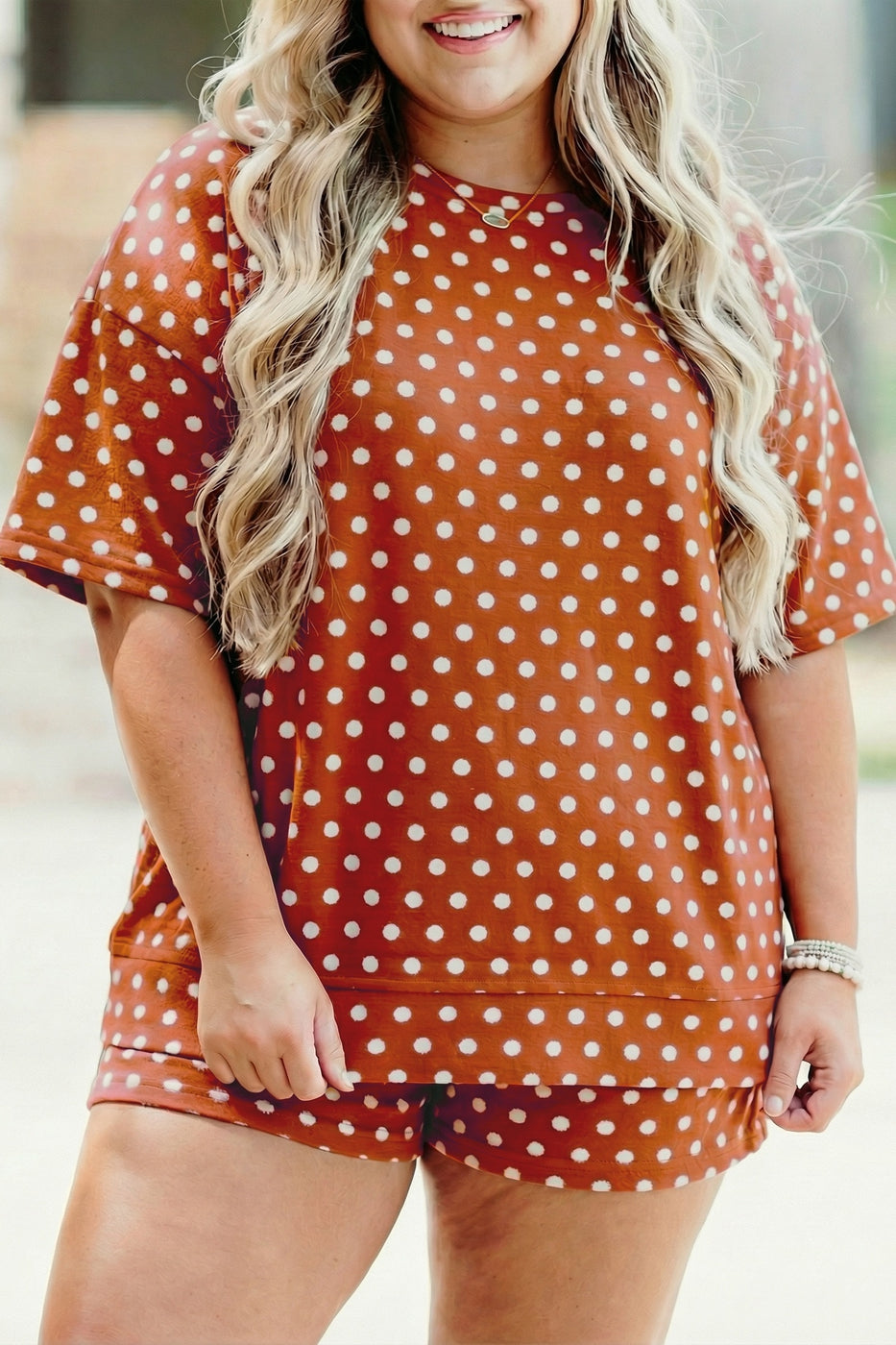Polka Dot Print Dropped Shoulder Tee Plus Size Short Set