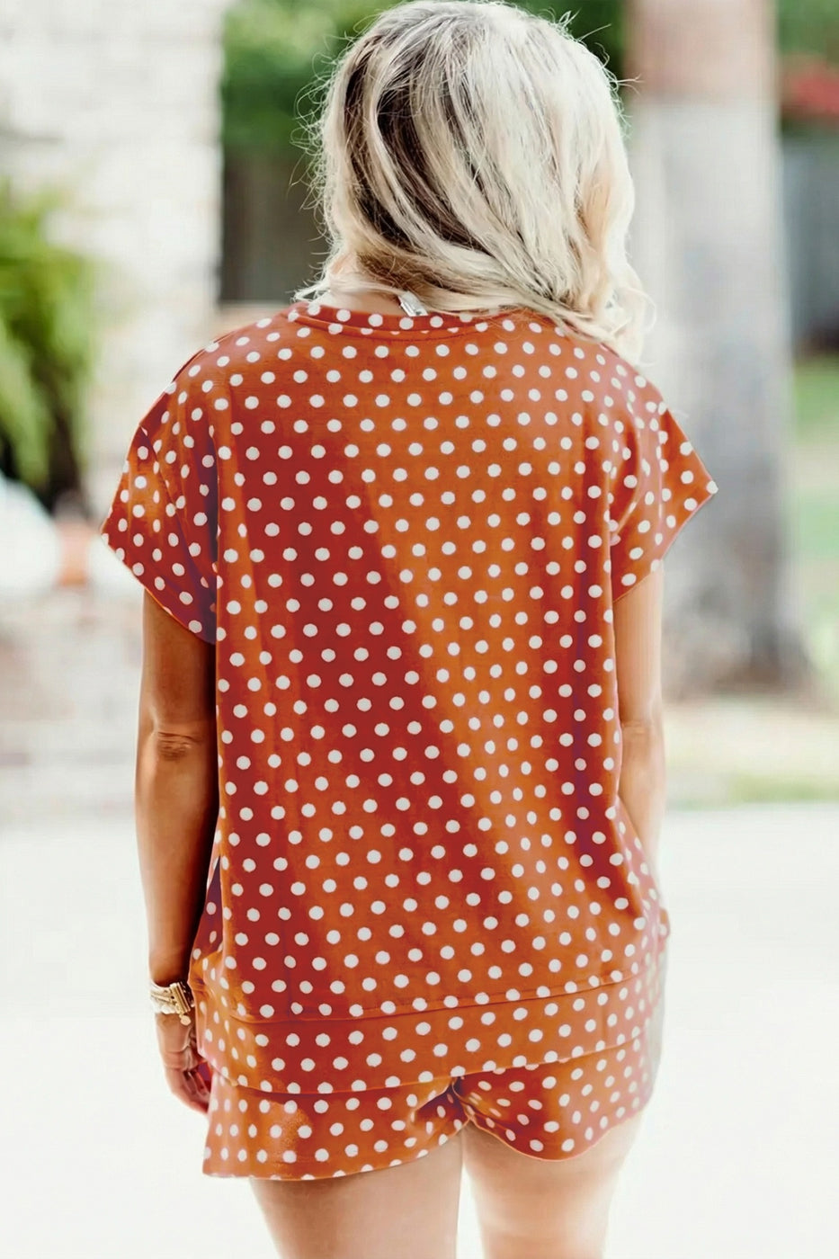 Polka Dot Print Dropped Shoulder Tee Plus Size Short Set