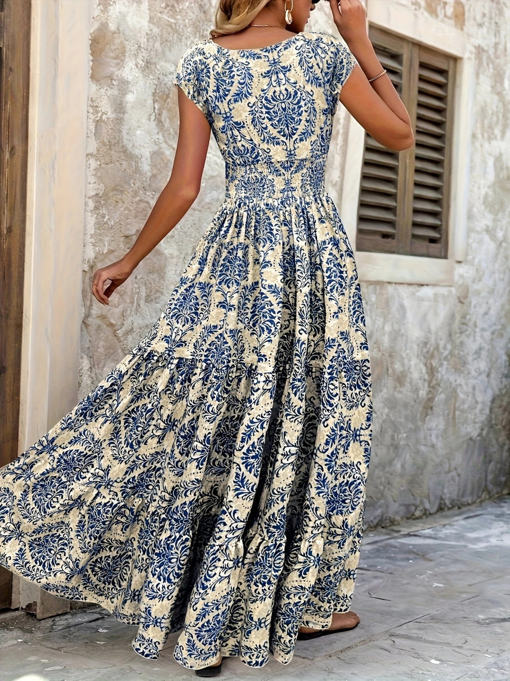 Printed Cap Sleeve Maxi Dress 