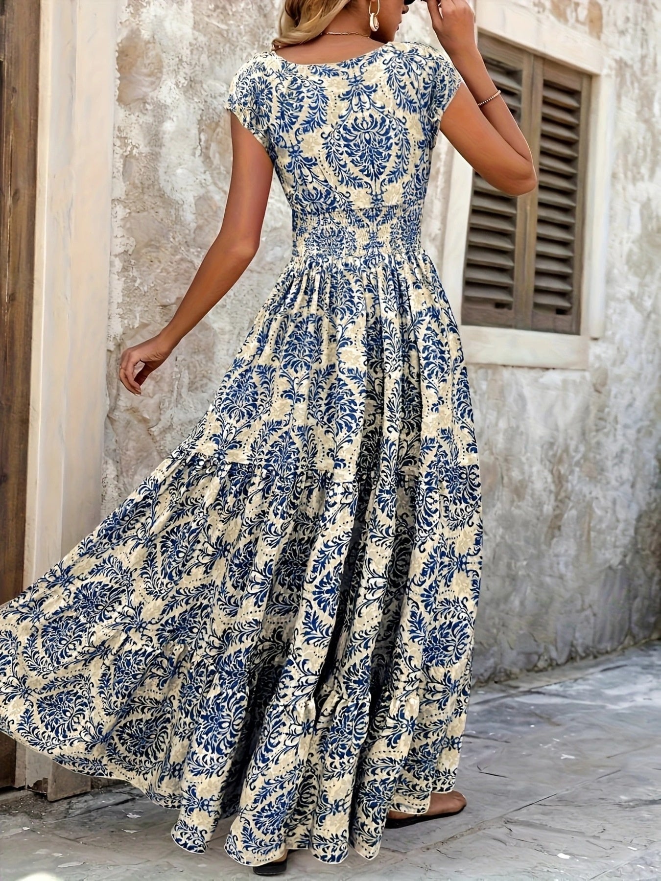 Printed Cap Sleeve Maxi Dress 