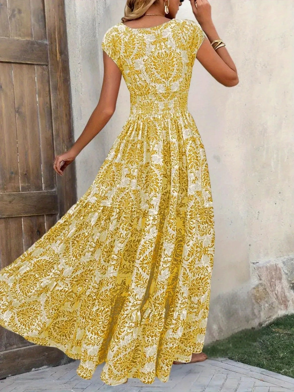 Printed Cap Sleeve Maxi Dress 