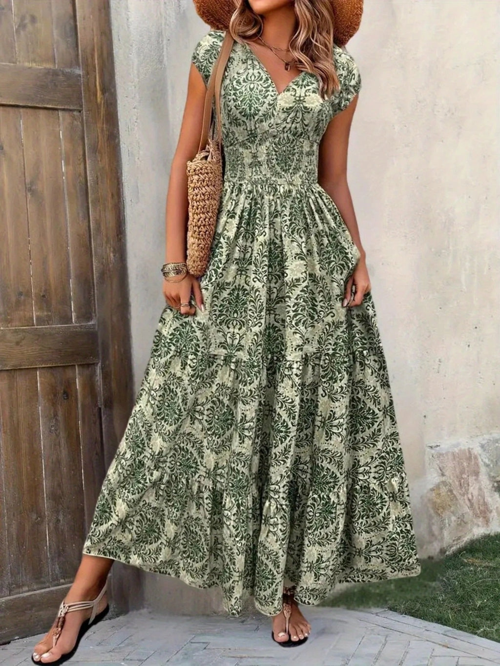 Printed Cap Sleeve Maxi Dress 