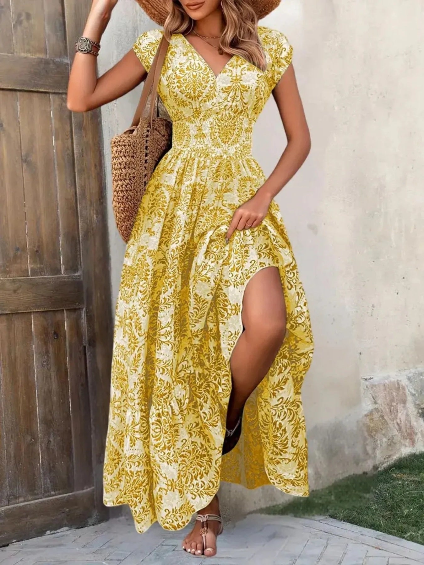 Printed Cap Sleeve Maxi Dress 