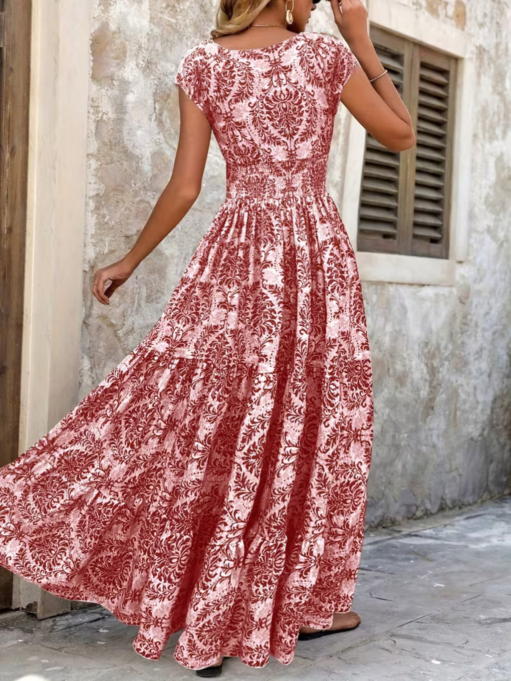 Printed Cap Sleeve Maxi Dress 