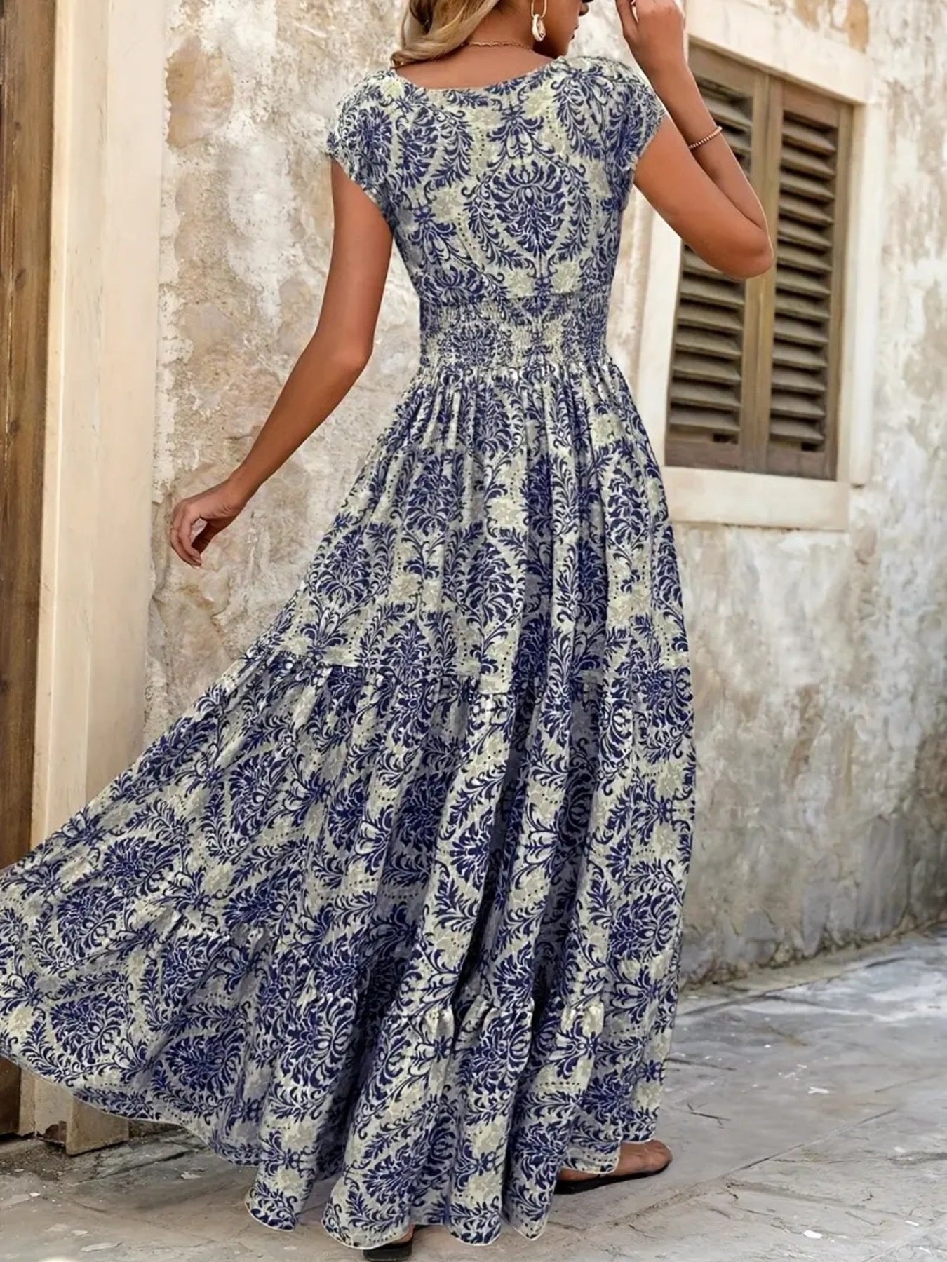 Printed Cap Sleeve Maxi Dress 