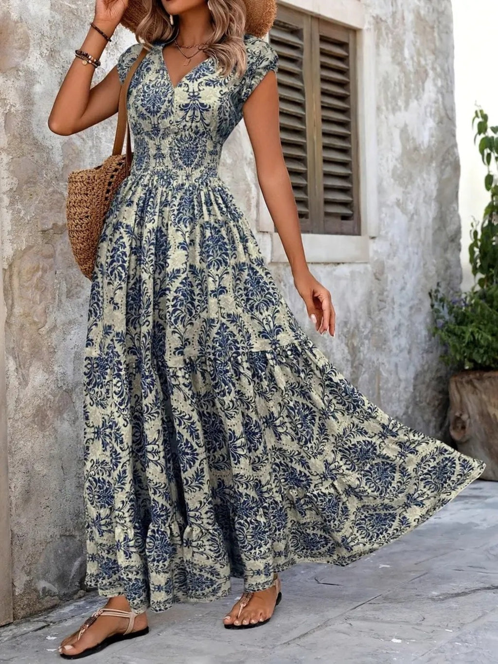 Printed Cap Sleeve Maxi Dress 