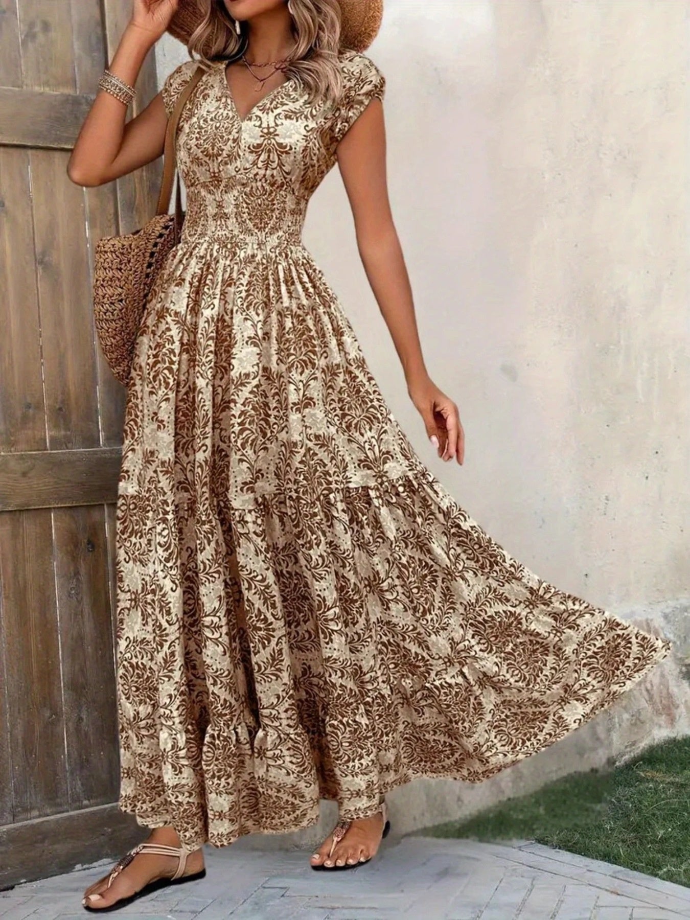 Printed Cap Sleeve Maxi Dress 