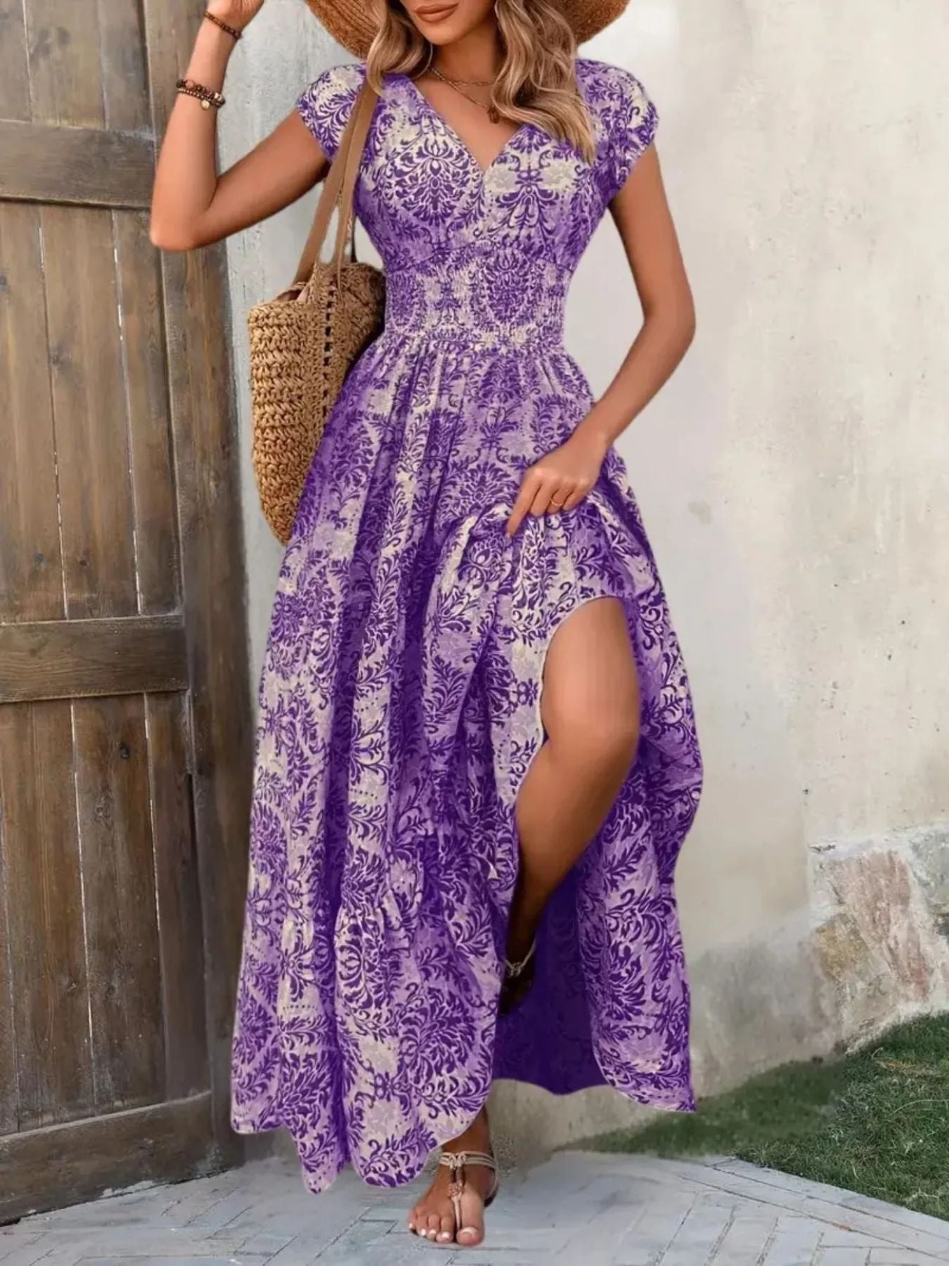 Printed Cap Sleeve Maxi Dress 