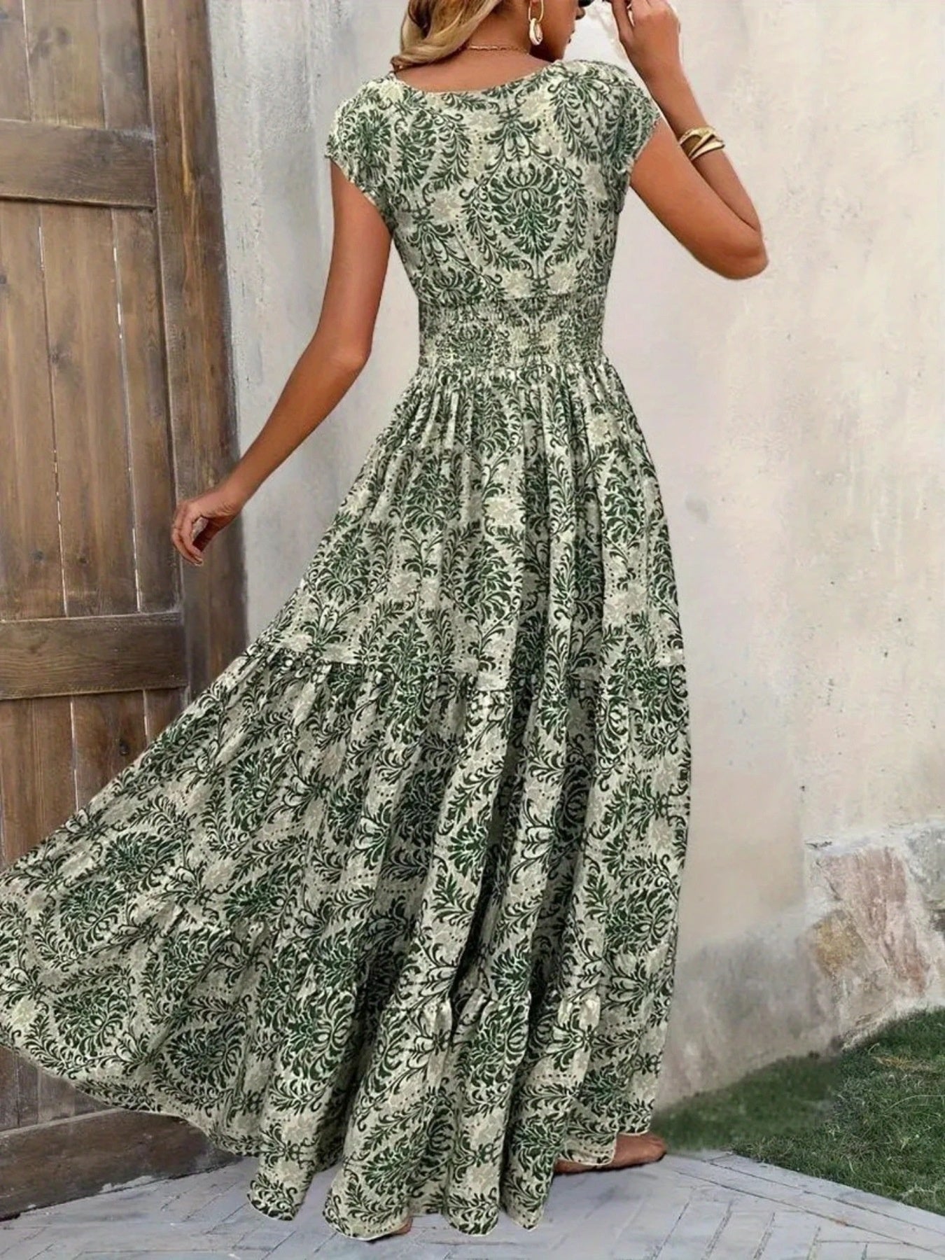 Printed Cap Sleeve Maxi Dress 