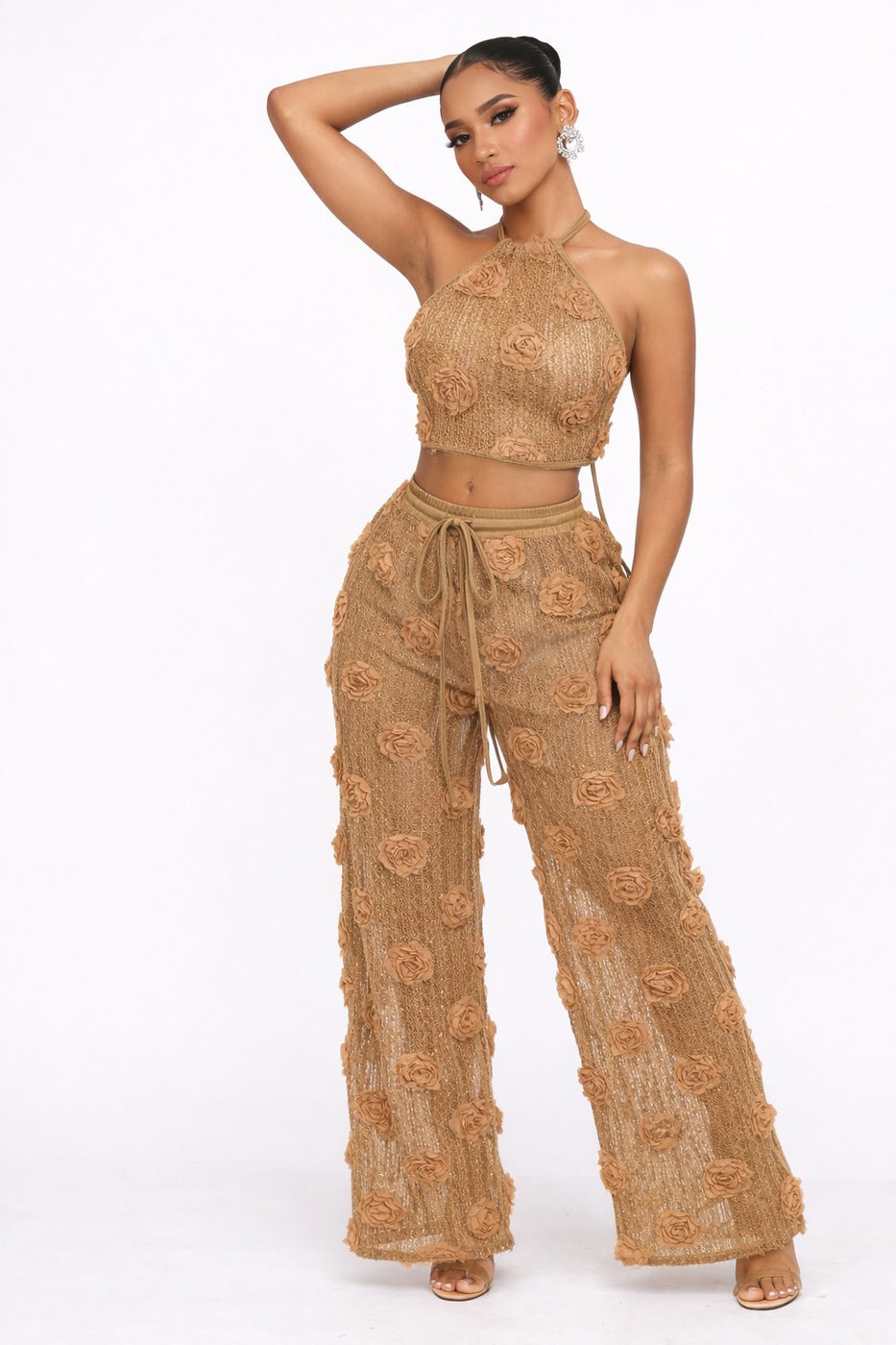 3d Flower Crochet Summer Top Pants Set