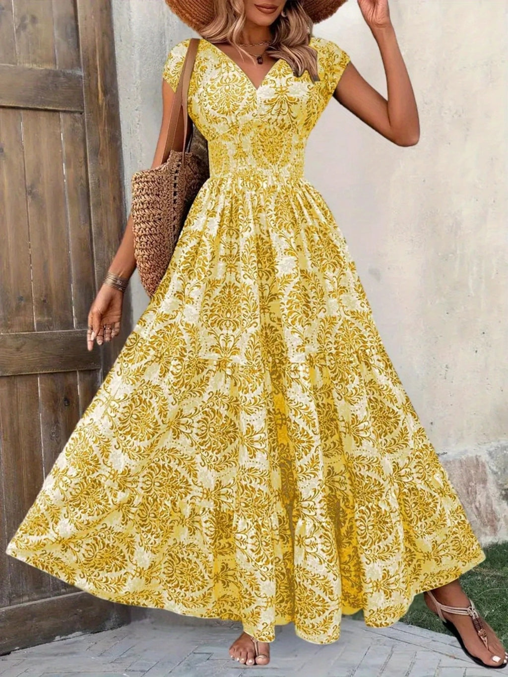 Printed Cap Sleeve Maxi Dress 