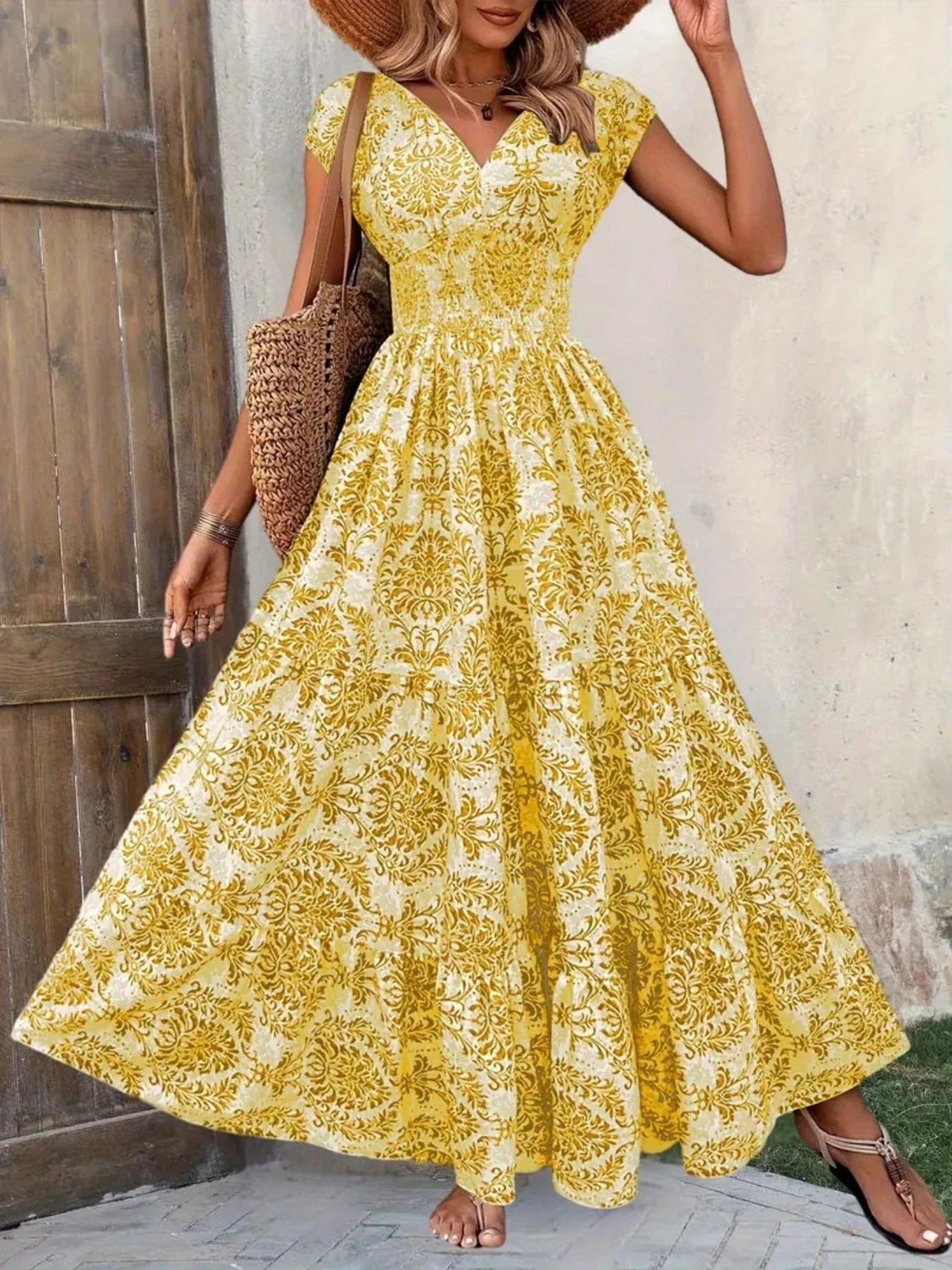 Printed Cap Sleeve Maxi Dress 