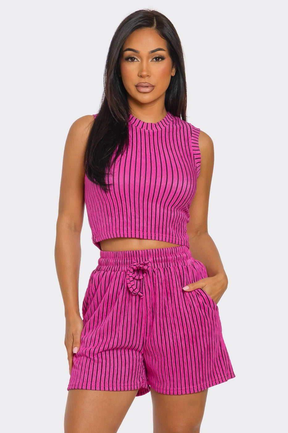 Crinkled Crop Top Drawstring Shorts Set