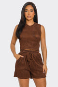 Crinkled Crop Top Drawstring Shorts Set