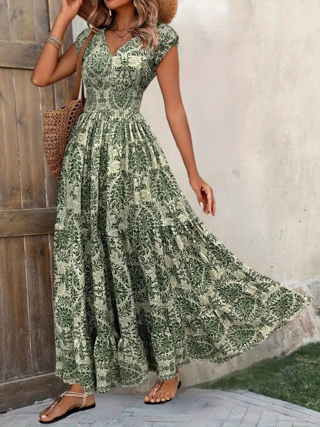 Printed Cap Sleeve Maxi Dress 